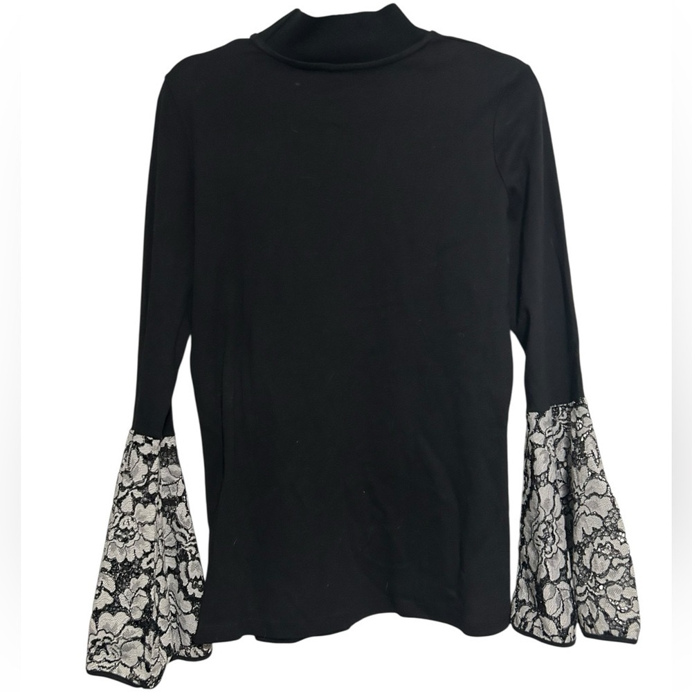 BEREK Black Mock Neck Top with Dramatic Floral Lace Bell Sleeves - Size Medium